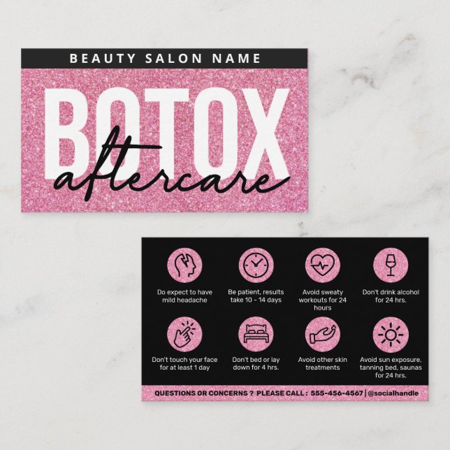 Eftervård av glitter Rosa Botox Filler Instruction Visitkort (Fram/baksida)