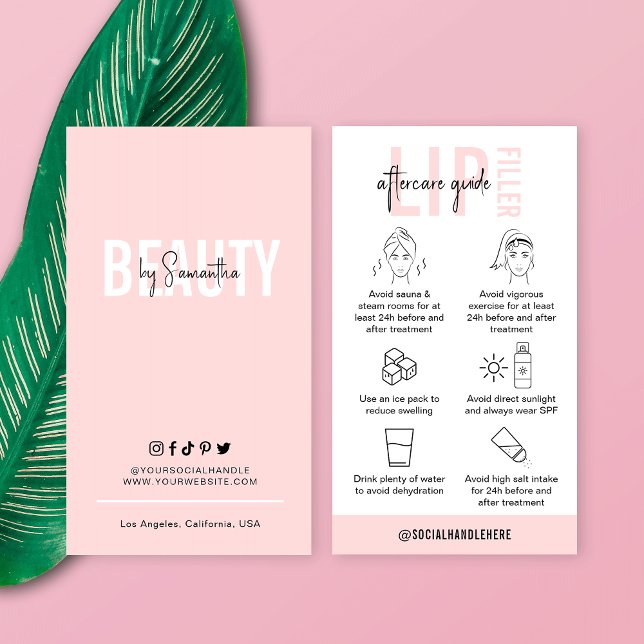 Eftervård av kvinnligt Rosa Lip Filler Anvisningar Visitkort (Skapare uppladdad)