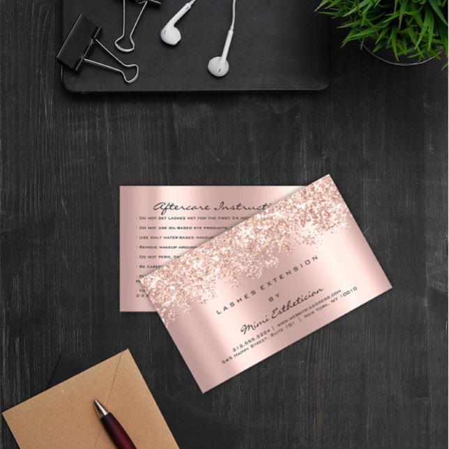 Eftervård: Instruktion Lash Ro Guld Glitter Spark Visitkort (Aftercare Instruction Lash Rose Gold Glitter Spark Business Card)
