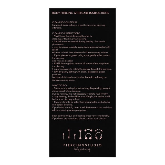 Eftervårdsinstruktioner Kroppspiercing Smycken Reklamkort (Framsidan)