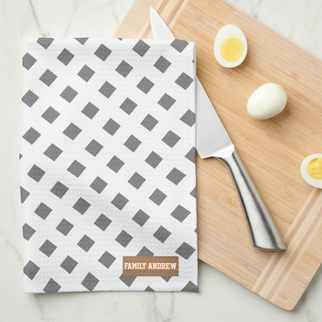 Egen namn, monogramdiamanter, vit grått-snyggt kökshandduk (Vikt i Fjärdedel)