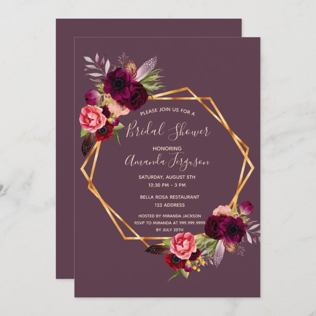Egeometrisk möhippa för blommigt i Cassis burgundy Inbjudningar (Fram/baksida)