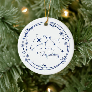 Eget julnamn Aquarius Zodiac-signblått Julgransprydnad Keramik
