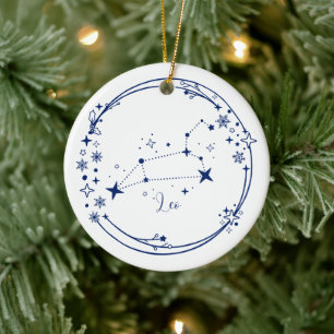 Eget julnamn Leo Zodiac-signblått Julgransprydnad Keramik