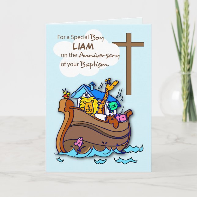 Eget namn Baptism Boy Noahs Ark firar årsdagen Kort (Framsida)