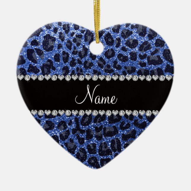 Eget namn blå glitter leopard julgransprydnad keramik (Framsidan)