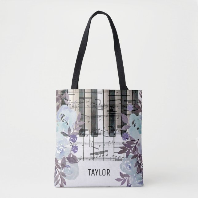 eget namn blåa blommor musik noter piano tygkasse (Framsida)