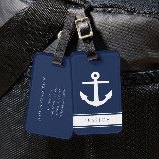 Eget namn - blått navigeringslämärke bagagebricka (Nautical Anchor Custom Name Navy Blue Luggage Tag)