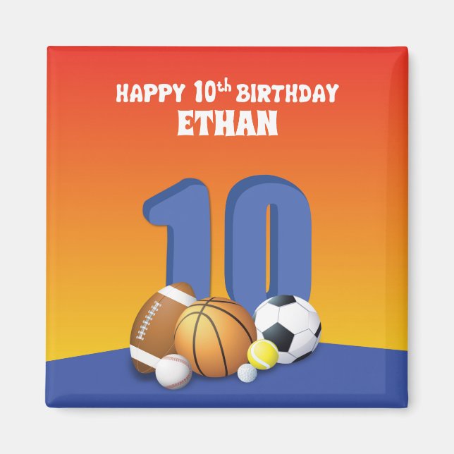 Eget namn Boy 10th Birthday Sports Bollar Magnet (Framsidan)
