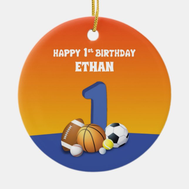 Eget namn Boy 1st Birthday Sports Bollar Julgransprydnad Keramik (Framsidan)