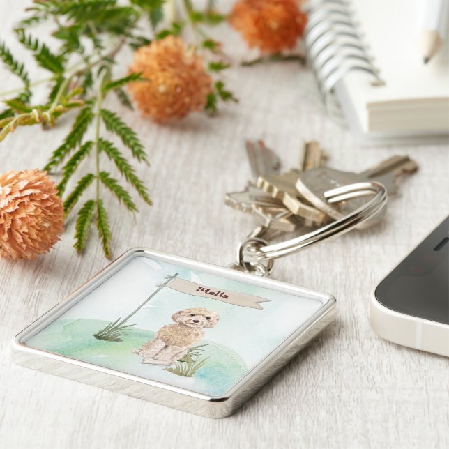 Eget namn Champagne Cockapoo Pet Hund Fyrkantig Silverfärgad Nyckelring (Sidan)