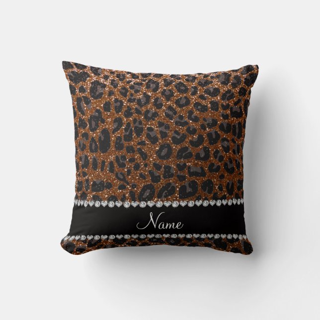 Eget namn chokladbrun glitter leopard kudde (Framsida)