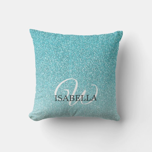 Eget namn för Blue Glitter Ombre Monogram Kudde (Framsida)