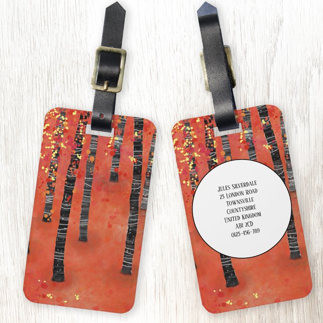 Eget namn för fågelskog i Träd Bagagebricka (Birch Aspen Tree forest red abstract art personalized luggage tag)