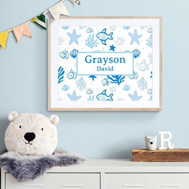 Eget namn för havsfisk - Nursery Boys Room Art Poster (Customize the name! Shown with white mat and wood frame. You will receive print or digital image .)