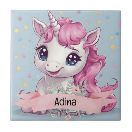 Eget namn för Rosa Baby Unicorn Stars Kakelplatta