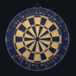 Eget namn Geometriskt för eget namn för marint blå Darttavla<br><div class="desc">En klassisk ritbordsdesign med alternerande marinblått och faux-guld-folie trianglar. Ovanför och nedanför finns namn och ett meddelande i form av bågtext,  med gyllene lock.</div>