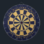 Eget namn Geometriskt för eget namn för marint blå Darttavla<br><div class="desc">En klassisk ritbordsdesign med alternerande marinblått och faux-guld-folie trianglar. Ovanför och nedanför finns namn och ett meddelande i form av bågtext,  med gyllene lock.</div>