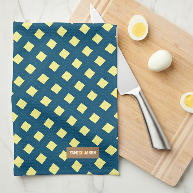 Eget namn, monogramdiamanter, marin blå gult kökshandduk (Vikt i Fjärdedel)
