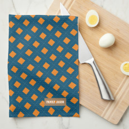 Eget namn, monogramdiamanter, marin blå orange kökshandduk