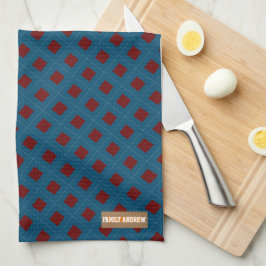 Eget namn, monogramdiamanter, marin blå röd kökshandduk
