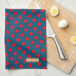 Eget namn, monogramdiamanter, marin blå röd kökshandduk