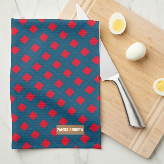 Eget namn, monogramdiamanter, marin blå röd kökshandduk (Vikt i Fjärdedel)
