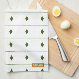 Eget namn, monogramdiamanter rand, vit grönt kökshandduk