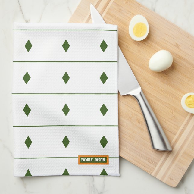 Eget namn, monogramdiamanter rand, vit grönt kökshandduk (Vikt i Fjärdedel)