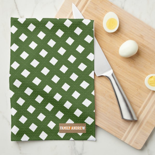 Eget namn, monogramdiamanter snyggtens grönt, vit  kökshandduk (Vikt i Fjärdedel)