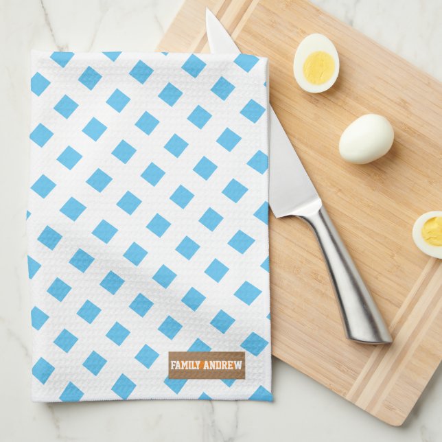 Eget namn, monogramdiamanter, vit blå snyggt kökshandduk (Vikt i Fjärdedel)