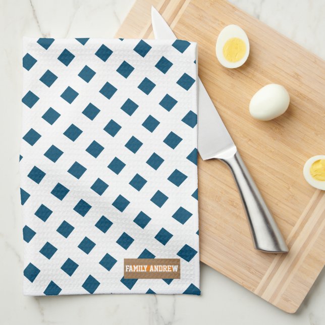 Eget namn, monogramdiamanter, vit marin blå chic kökshandduk (Vikt i Fjärdedel)