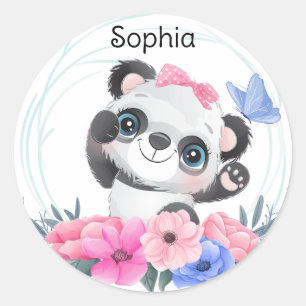 Eget namn på frisk krans av Cute Baby Panda Flower Runt Klistermärke