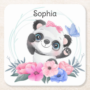 Eget namn på frisk krans av Cute Baby Panda Flower Underlägg Papper Kvadrat