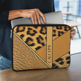 Eget namn på läder och leopard Mönster Laptop Fodral