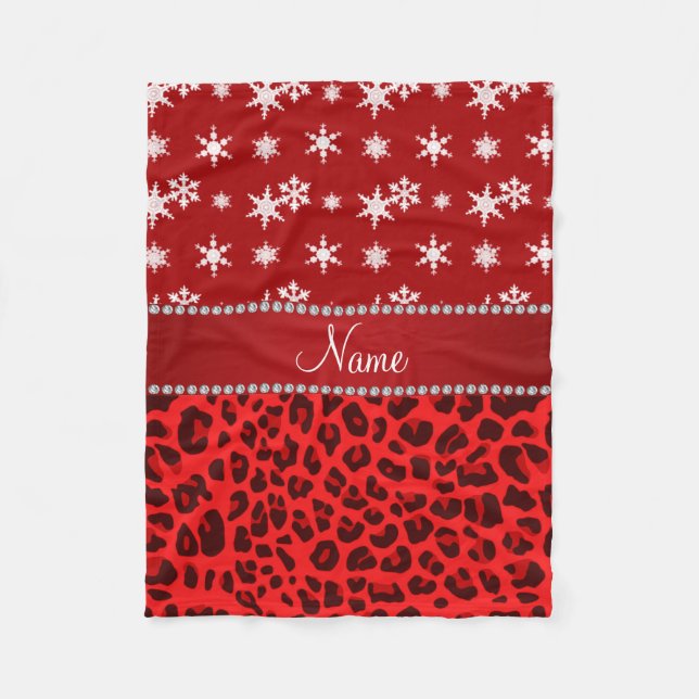 Eget namn röd leopard snöflingor röd rand fleecefilt (Framsidan)