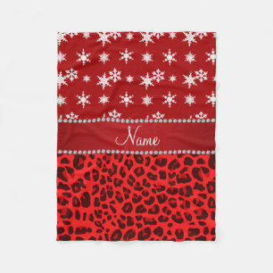 Eget namn röd leopard snöflingor röd rand fleecefilt