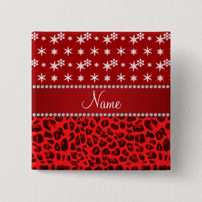 Eget namn röd leopard snöflingor röd rand knapp (Framsida)