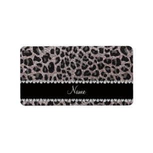 Eget namn silver glitter leopard spots adressetikett