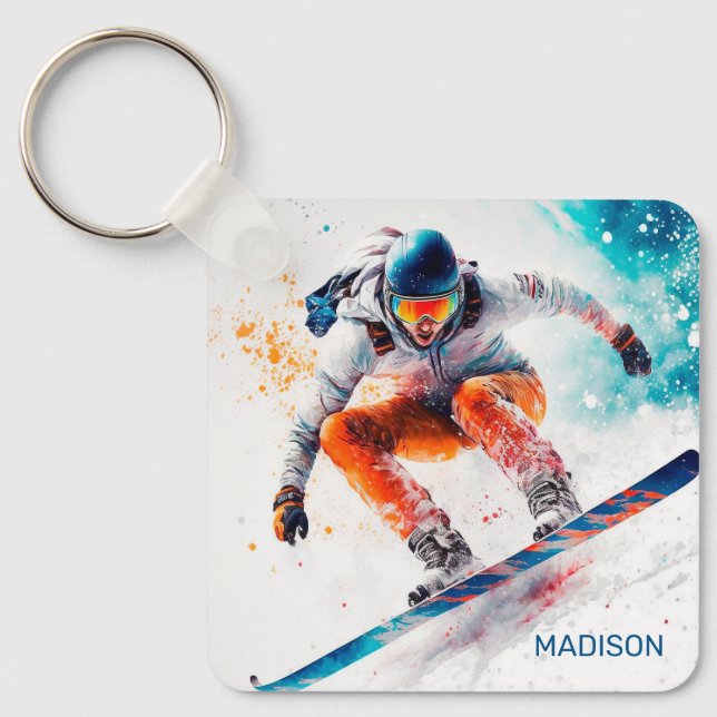 Eget namn Snowboarder-illustration Nyckelring (Framsida)