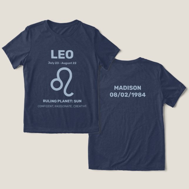 Eget namn/text zodiac-tecken Leo T Shirt (Design fram och bak)