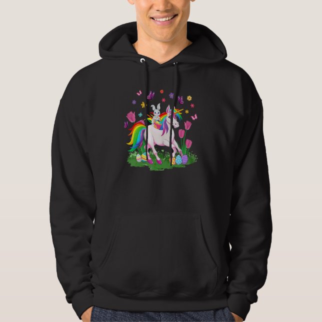 Egg Basket-kaninens Riding Unicorn Glad påsk Day Hoodie (Framsida)