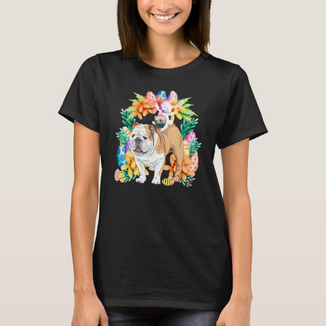 Egg Basket Rabbit Riding English Bulldog Lycklig E T Shirt (Framsida)