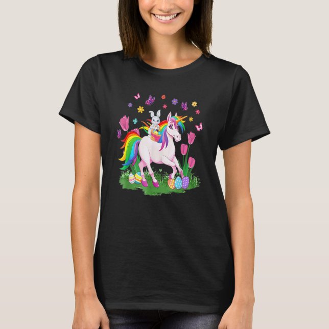Egg Basket Rabbit Riding Unicorn Happy Easter Day  T Shirt (Framsida)
