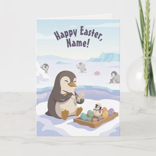 Egg Decorating Penguins | Personalised Easter Helgkort (Framsida)