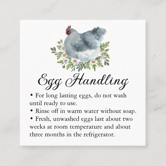 Egg Handling Care Instructions Floral Chicken Hen Fyrkantigt Visitkort (Framsida)