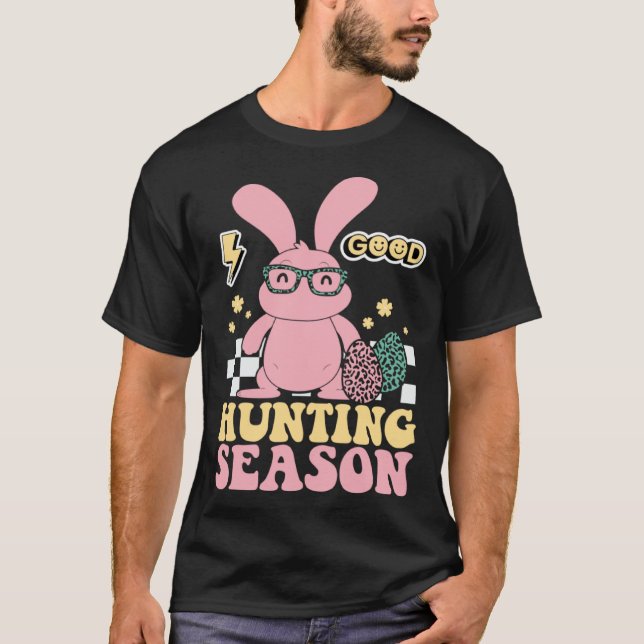 Egg Hunting Season Bunny Kids Vuxnas Retro Groovy T Shirt (Framsida)