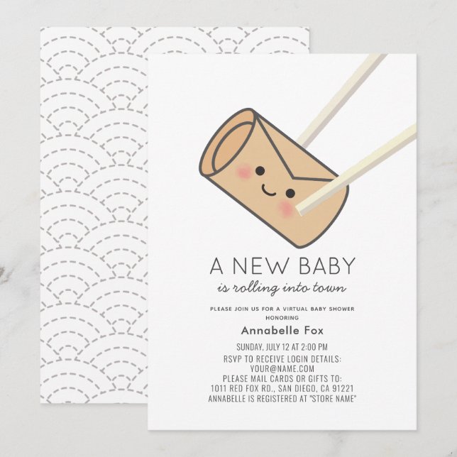 Egg Roll Kawaii Virtuell Baby Shower Inbjudningar (Fram/baksida)