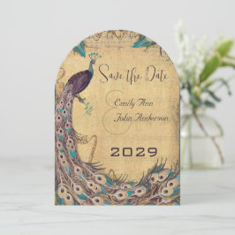 Eggplant Aqua Peacock Vintage 3 Fjädrar Inbjudningar