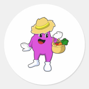 Eggplant as Farmer med morot Runt Klistermärke